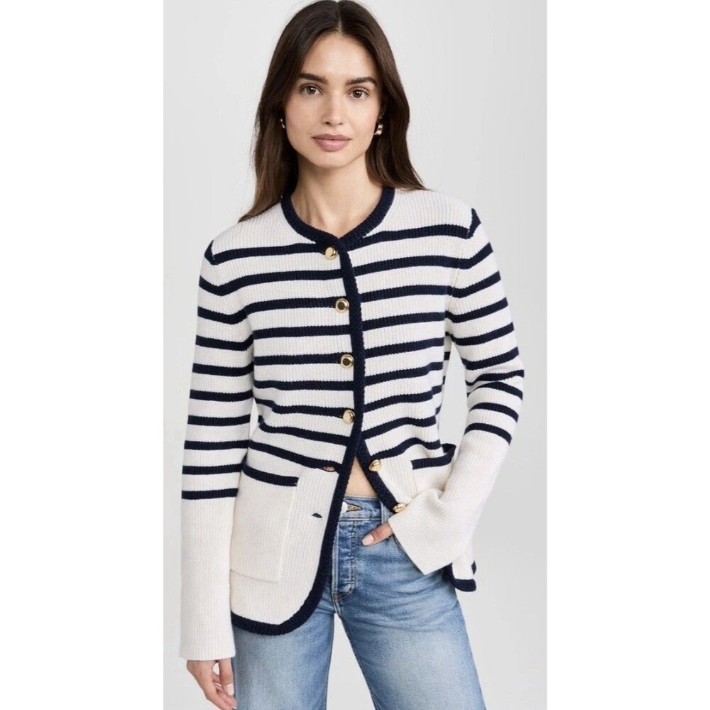 NWT rag & bone Cardigan Sweater Nancy Stripe Button Up Ivory Size L Merino Wool